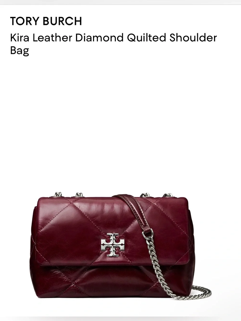 Tory Burch Kira Leather Diamond Quilted Shoulder Bag. Color:Dark Carmine.
